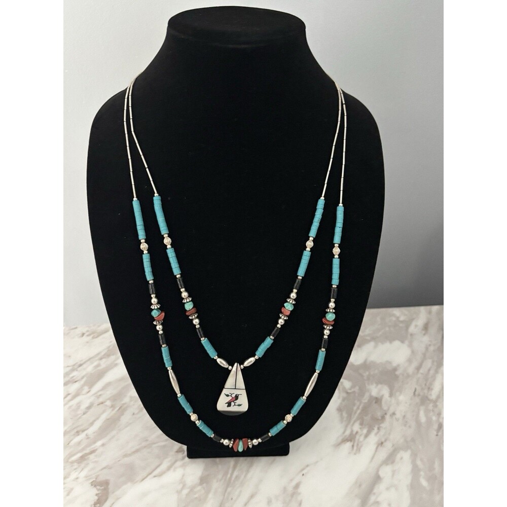 Vintage Navajo Aztec Hopi Style Turquoise, Coral Black Bird Necklace 15 Inches